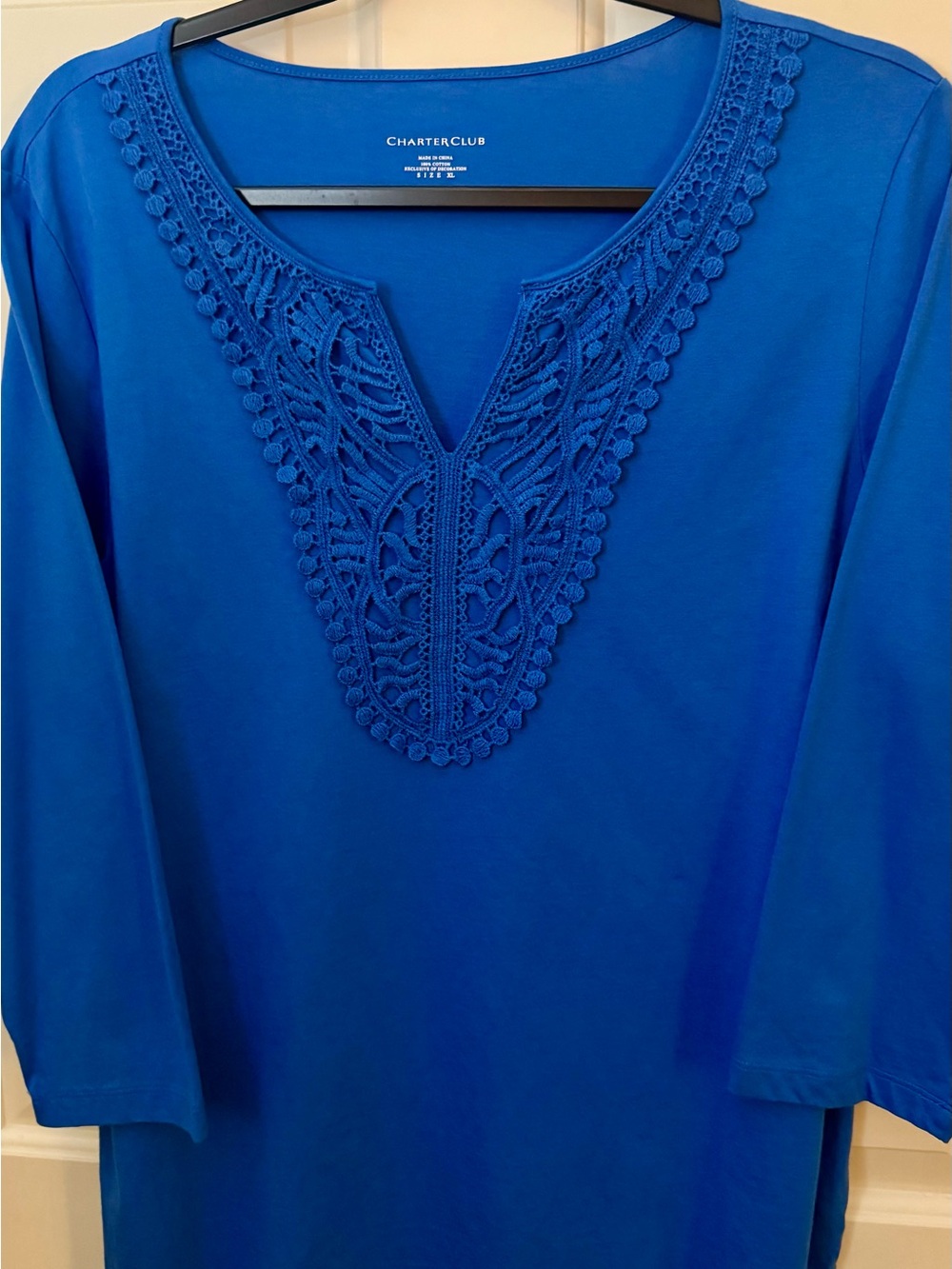 Charter Club Top 100% Cotton Boho Style Blue Crochet-Trim Top Size -  XL - Picture 8 of 9